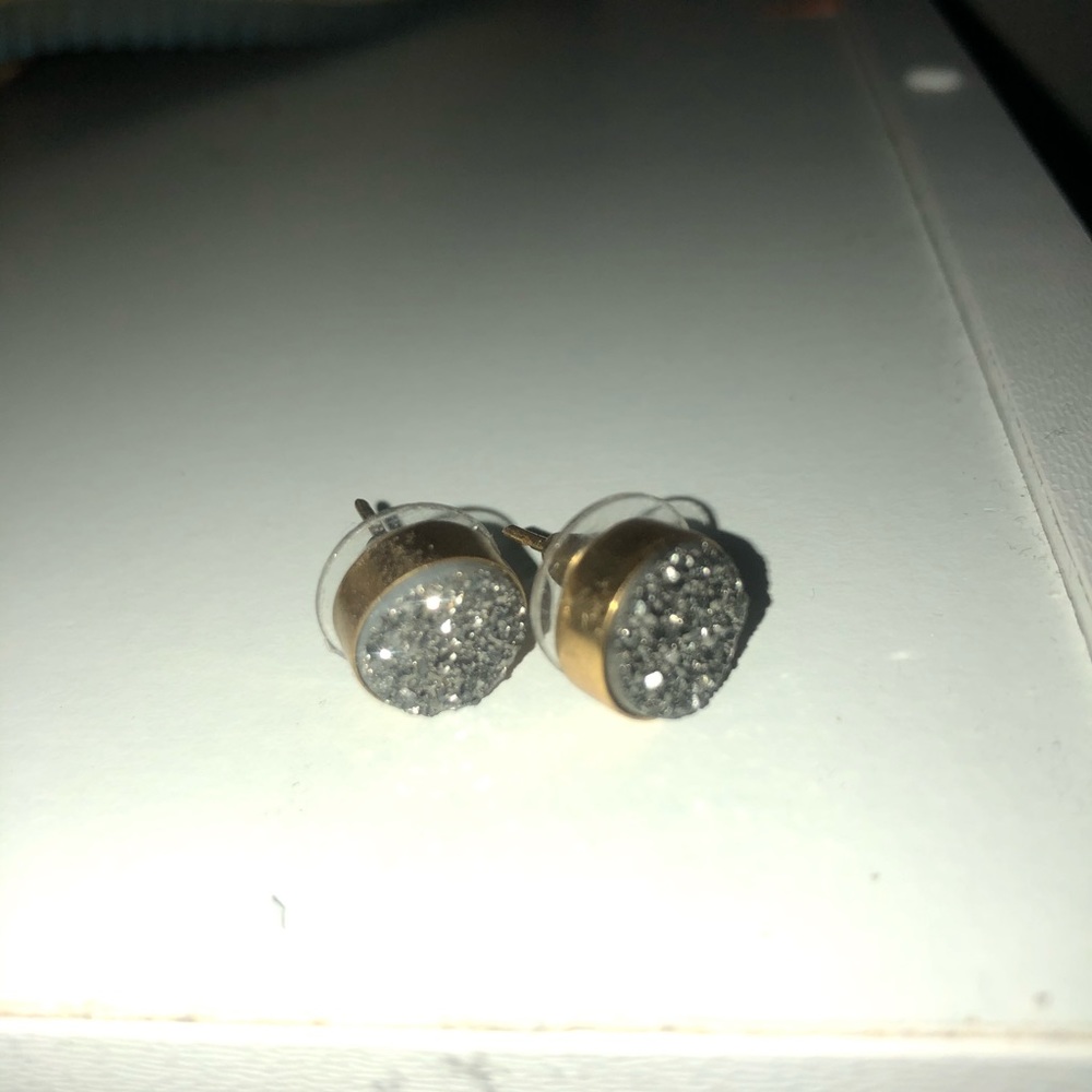 Grey quartz like rock earrings with gold back